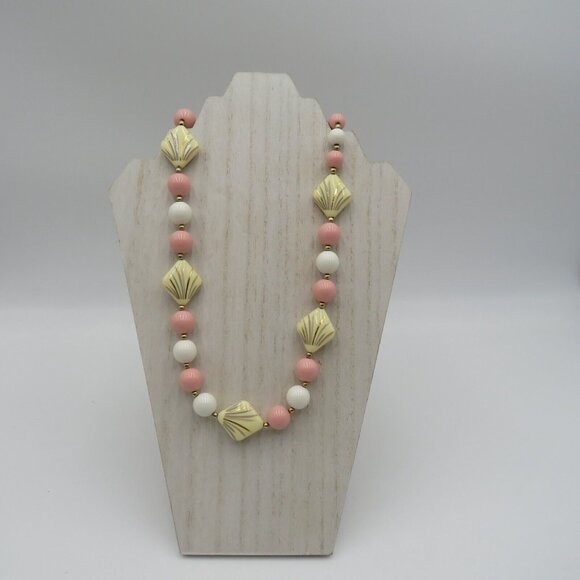 Vintage Bead Necklace Pink White Gold Tone Spacers Square Beads Metallic Paint - Picture 1 of 10